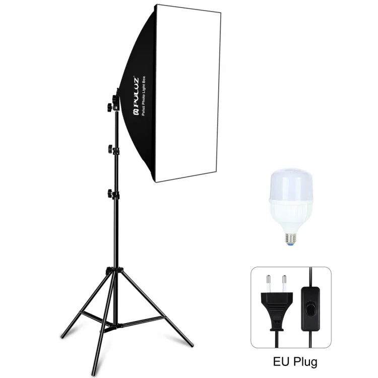 PULUZ Boîte à lumière de studio 50x70cm + support de trépied 2m + kit de photographie à ampoule LED simple 220V E27 30W 5700K lumière blanche, prise UE à ampoule simple, prise US à ampoule simple