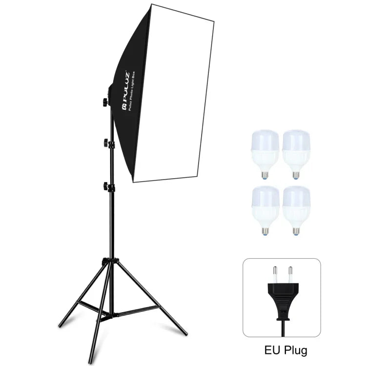 Kit d'éclairage photo PULUZ 50x70cm Studio Softbox + trépied 2m + 4 ampoules LED 220V E27 20W 5700K lumière blanche, 4 ampoules prise UE, 4 ampoules prise US