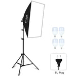 Kit d'éclairage photo PULUZ 50x70cm Studio Softbox + trépied 2m + 4 ampoules LED 220V E27 20W 5700K lumière blanche, 4 ampoules prise UE, 4 ampoules prise US