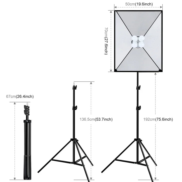 Kit d'éclairage photo PULUZ 50x70cm Studio Softbox + trépied 2m + 4 ampoules LED 220V E27 20W 5700K lumière blanche, 4 ampoules prise UE, 4 ampoules prise US
