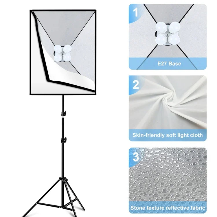 Kit d'éclairage photo PULUZ 50x70cm Studio Softbox + trépied 2m + 4 ampoules LED 220V E27 20W 5700K lumière blanche, 4 ampoules prise UE, 4 ampoules prise US