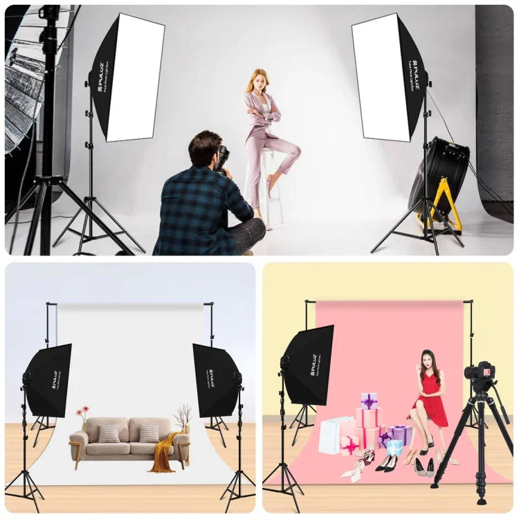 Kit d'éclairage photo PULUZ 50x70cm Studio Softbox + trépied 2m + 4 ampoules LED 220V E27 20W 5700K lumière blanche, 4 ampoules prise UE, 4 ampoules prise US