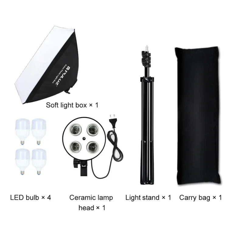 Kit d'éclairage photo PULUZ 50x70cm Studio Softbox + trépied 2m + 4 ampoules LED 220V E27 20W 5700K lumière blanche, 4 ampoules prise UE, 4 ampoules prise US