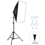 Kit d'éclairage photo PULUZ 50x70cm Studio Softbox + trépied 2m + 4 ampoules LED 220V E27 20W 5700K lumière blanche, 4 ampoules prise UE, 4 ampoules prise US