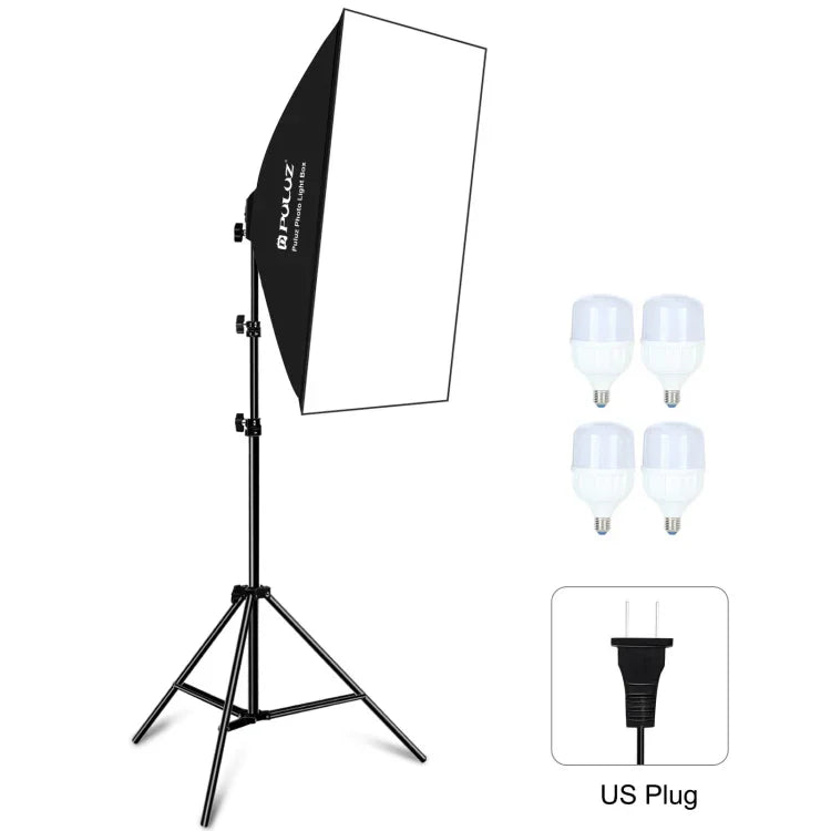 Kit d'éclairage photo PULUZ 50x70cm Studio Softbox + trépied 2m + 4 ampoules LED 220V E27 20W 5700K lumière blanche, 4 ampoules prise UE, 4 ampoules prise US