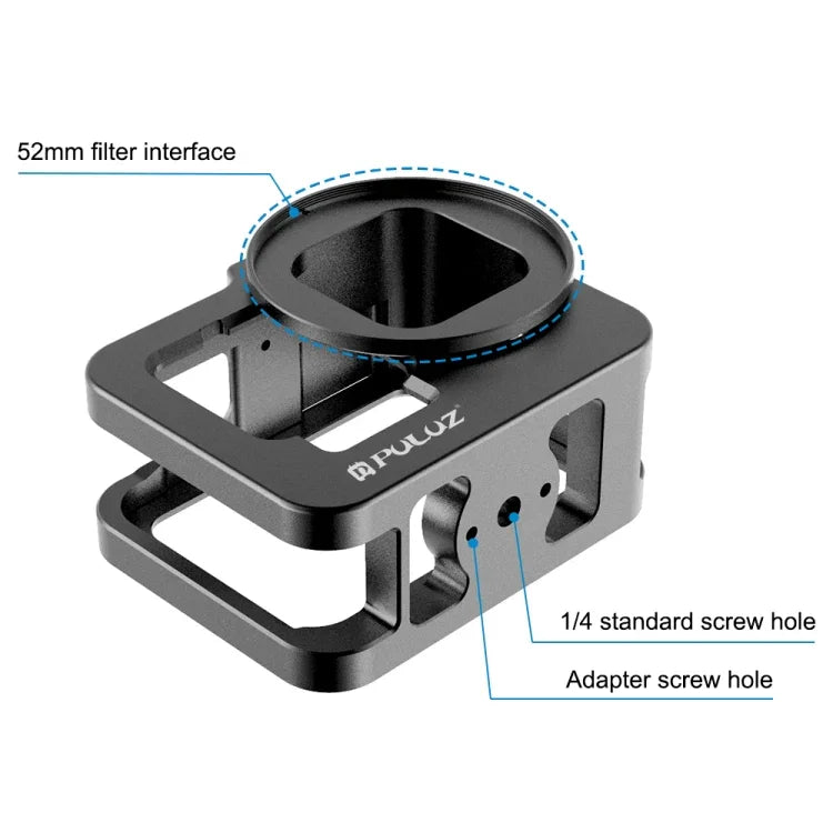 Boîtier de protection renforcé PULUZ en alliage d'aluminium CNC avec cadre de sécurité et lentille UV 52 mm pour GoPro HERO13 Black /12 Black /11 Black /10 Black /9 Black, compatible avec GoPro HERO9 Black.