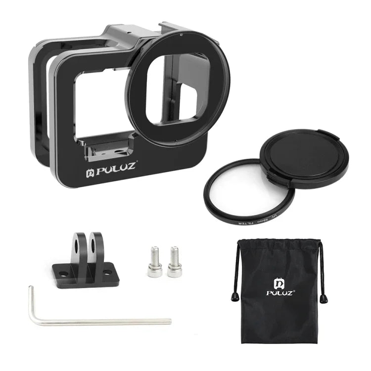Boîtier de protection renforcé PULUZ en alliage d'aluminium CNC avec cadre de sécurité et lentille UV 52 mm pour GoPro HERO13 Black /12 Black /11 Black /10 Black /9 Black, compatible avec GoPro HERO9 Black.