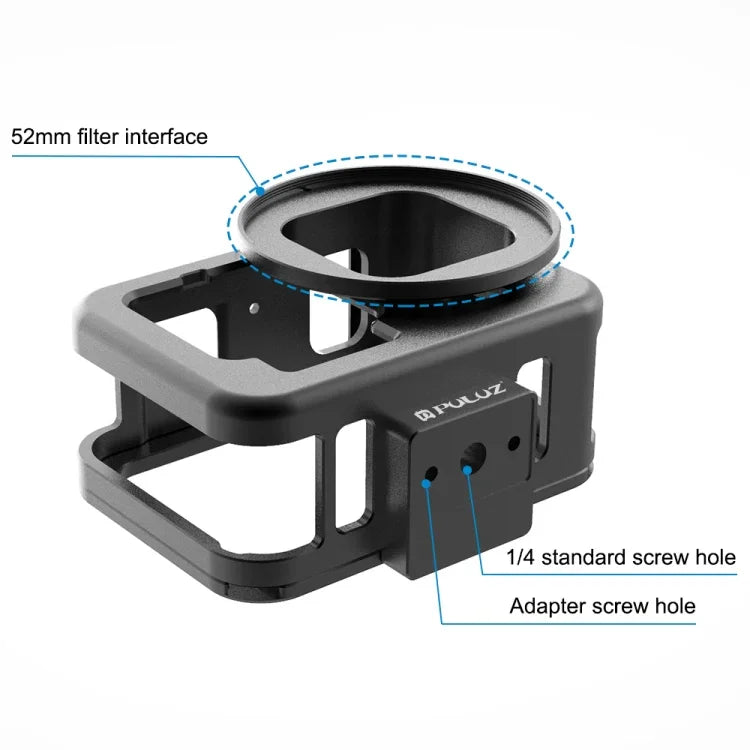 Boîtier fin PULUZ en alliage d'aluminium usiné CNC avec cadre de protection et lentille UV 52 mm pour GoPro HERO13 Black /12 Black /11 Black /10 Black /9 Black, et pour GoPro HERO9 Black.
