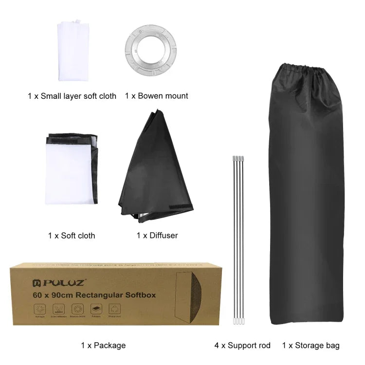 Boîte à lumière rectangulaire PULUZ pour flash cobra, diffuseur à monture Bowens, 60 x 90 cm