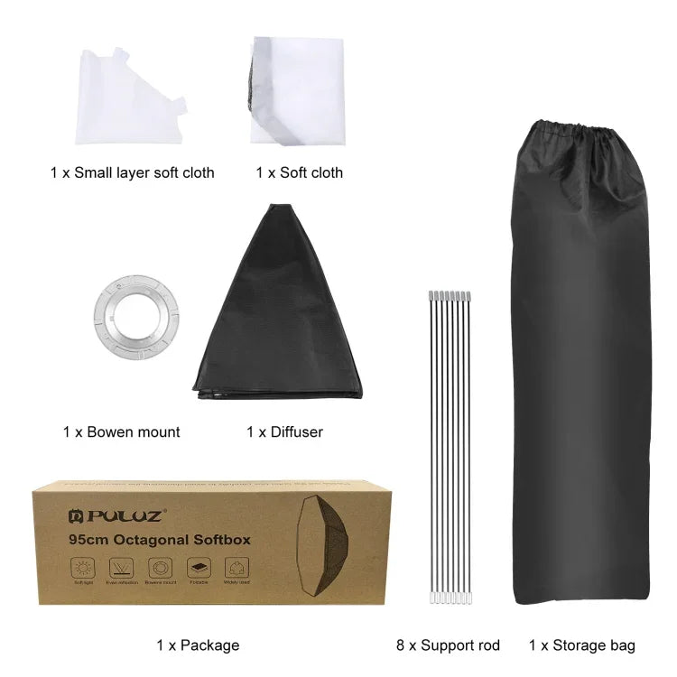 PULUZ Softbox octogonal parabolique 95cm pour flash Speedlite, diffuseur avec monture Bowens, 95cm Octangle