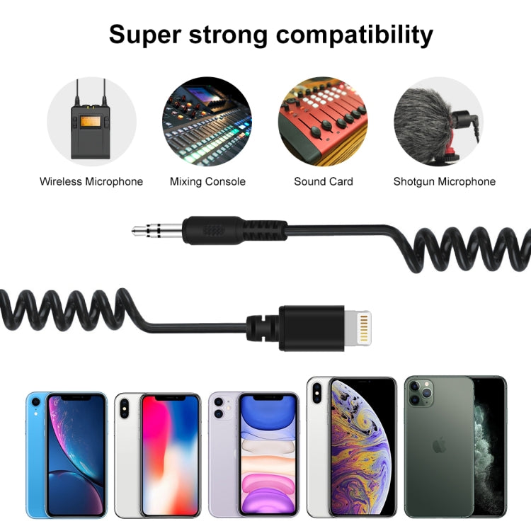 PULUZ Câble adaptateur audio microphone live 3,5mm TRRS mâle vers 8 broches mâle, câble à ressort pour iPhone, extension jusqu'à 100cm, 3,5mm mâle vers 8 broches