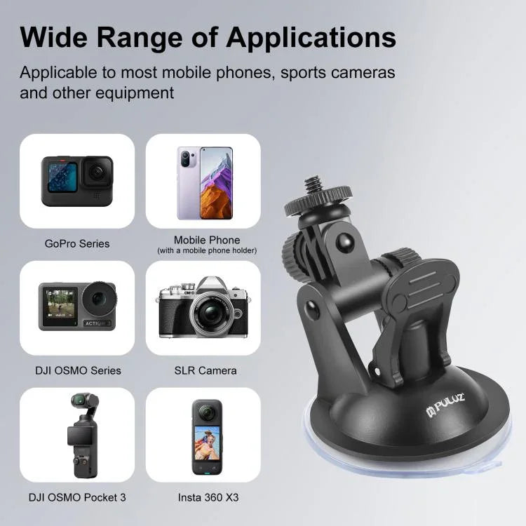 Support à ventouse pour voiture PULUZ avec vis, adaptateur pour trépied et sac de rangement pour GoPro, Insta360, DJI et autres caméras d'action.