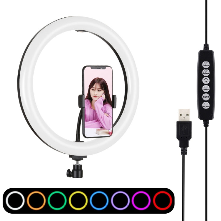 PULUZ Lumières vidéo LED anneau incurvé surface USB 11,8 pouces 30cm 10 modes 8 couleurs RGBW, gradable, pour vlogging, photographie, avec tête de trépied à rotule et pince téléphone, contrôle par bouton 11,8 pouces