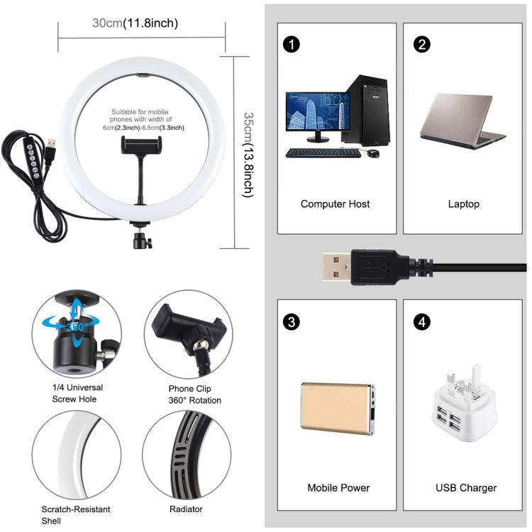 PULUZ Lumières vidéo LED anneau incurvé surface USB 11,8 pouces 30cm 10 modes 8 couleurs RGBW, gradable, pour vlogging, photographie, avec tête de trépied à rotule et pince téléphone, contrôle par bouton 11,8 pouces