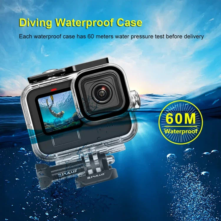 Boîtier étanche PULUZ 60 m avec boucle, fixation basique et vis pour GoPro HERO13 Black /12 Black /11 Black /10 Black /9 Black, et pour GoPro HERO9 Black.