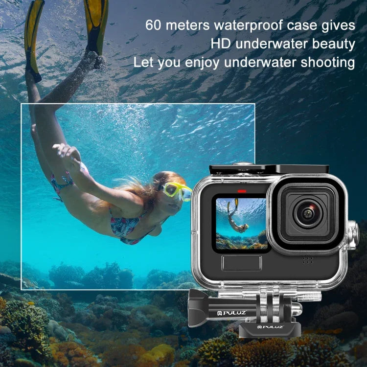 Boîtier étanche PULUZ 60 m avec boucle, fixation basique et vis pour GoPro HERO13 Black /12 Black /11 Black /10 Black /9 Black, et pour GoPro HERO9 Black.