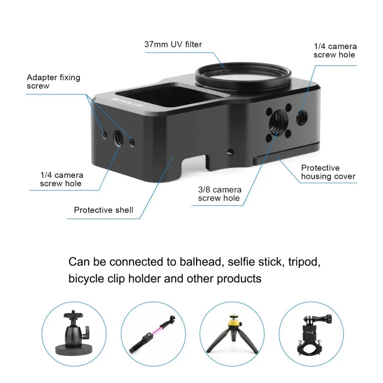 Cage PULUZ en alliage d'aluminium CNC pour DJI Action 2, Cage en aluminium (noir), Cage en aluminium (couleur titane)