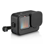 Étui de protection en silicone PULUZ pour GoPro HERO12 Black / 11 Black / 10 Black / 9 Black + cache latéral en POM avec dragonne et cache-objectif, pour GoPro HERO12 Black.