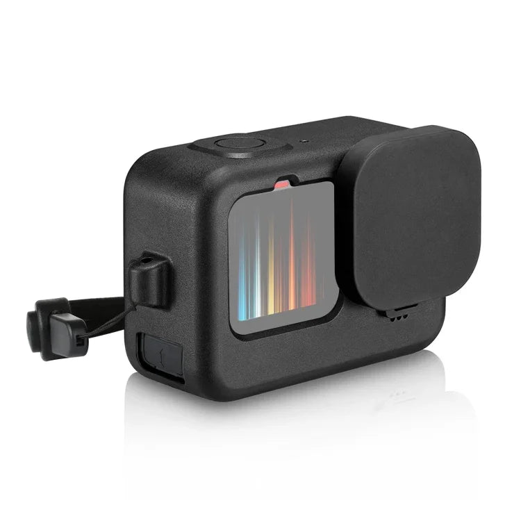 Étui de protection en silicone PULUZ pour GoPro HERO12 Black / 11 Black / 10 Black / 9 Black + cache latéral en POM avec dragonne et cache-objectif, pour GoPro HERO12 Black.