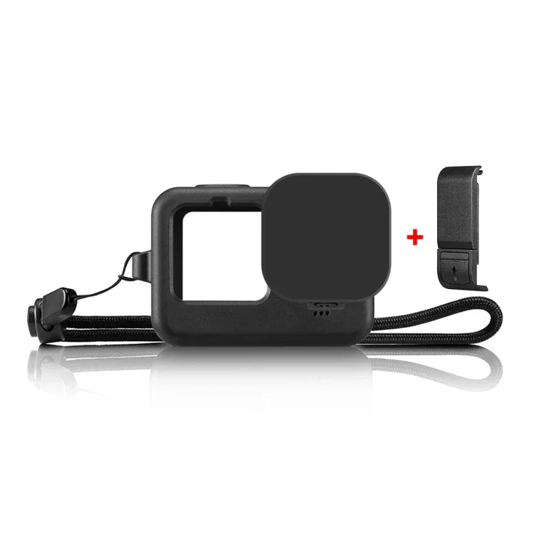 Étui de protection en silicone PULUZ pour GoPro HERO12 Black / 11 Black / 10 Black / 9 Black + cache latéral en POM avec dragonne et cache-objectif, pour GoPro HERO12 Black.