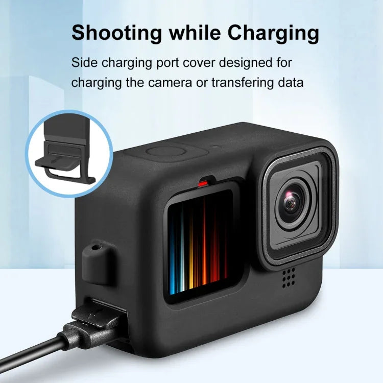 Étui de protection en silicone PULUZ pour GoPro HERO12 Black / 11 Black / 10 Black / 9 Black + cache latéral en POM avec dragonne et cache-objectif, pour GoPro HERO12 Black.