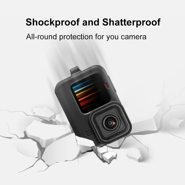 Étui de protection en silicone PULUZ pour GoPro HERO12 Black / 11 Black / 10 Black / 9 Black + cache latéral en POM avec dragonne et cache-objectif, pour GoPro HERO12 Black.