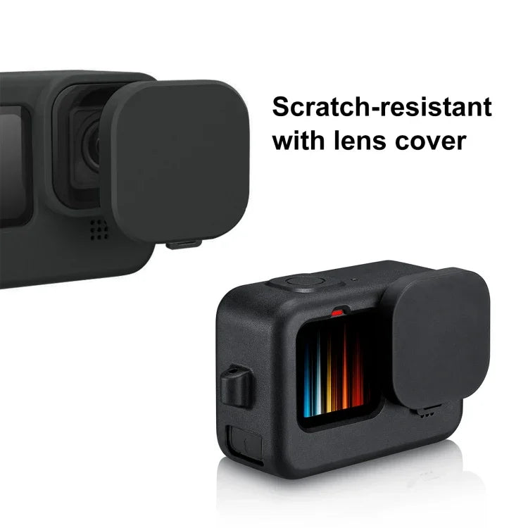 Étui de protection en silicone PULUZ pour GoPro HERO12 Black / 11 Black / 10 Black / 9 Black + cache latéral en POM avec dragonne et cache-objectif, pour GoPro HERO12 Black.