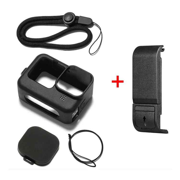 Étui de protection en silicone PULUZ pour GoPro HERO12 Black / 11 Black / 10 Black / 9 Black + cache latéral en POM avec dragonne et cache-objectif, pour GoPro HERO12 Black.