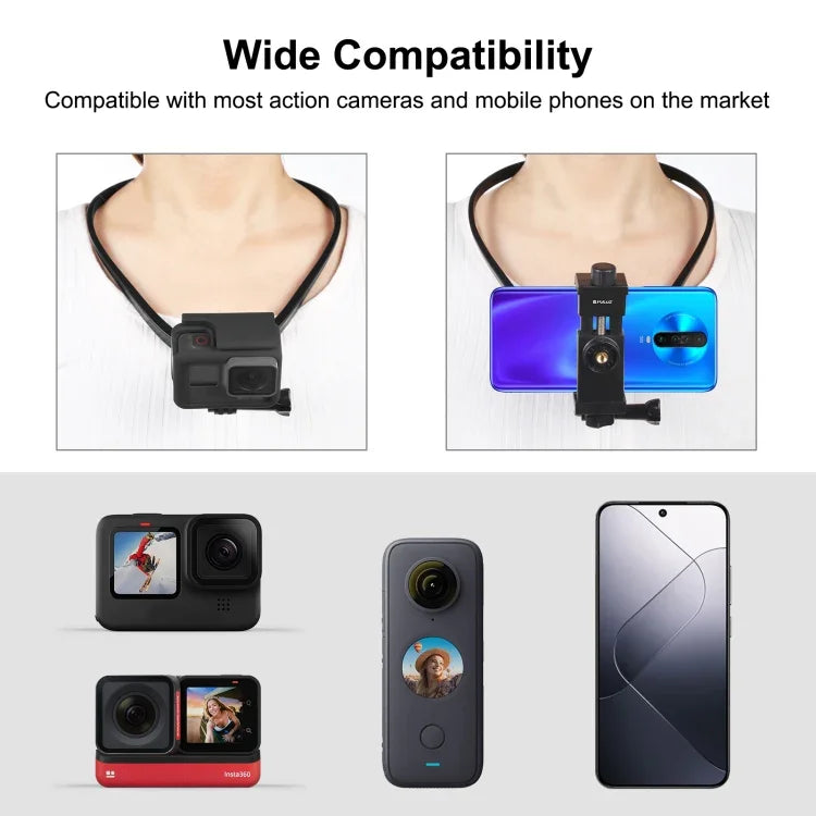 Support de cou réglable PULUZ pour caméras d'action GoPro et smartphones