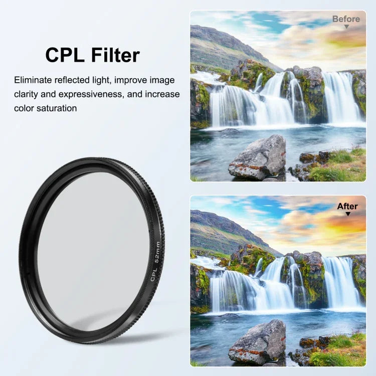 Filtre d'objectif PULUZ 52 mm CPL + UV avec bague d'adaptation pour GoPro HERO12 Black /11 Black /11 Black Mini /10 Black /9 Black, filtre CPL + UV