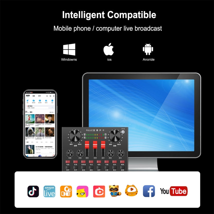 PULUZ Carte son diffusion en direct Bluetooth karaoké chant enregistrement mixeur sonore pour téléphone mobile / ordinateur / portable / tablette, version chinoise
