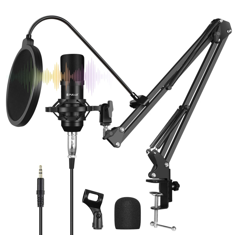 Kits microphone professionnel studio diffusion PULUZ avec bras ciseaux suspendu, support anti-choc métal et carte son USB, kits microphone (noir), kits microphone (or), kits microphone (argent)