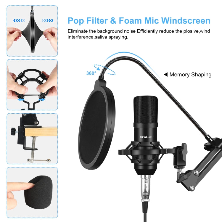 Kits microphone professionnel studio diffusion PULUZ avec bras ciseaux suspendu, support anti-choc métal et carte son USB, kits microphone (noir), kits microphone (or), kits microphone (argent)
