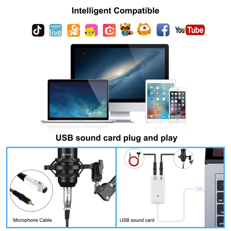 Kits microphone professionnel studio diffusion PULUZ avec bras ciseaux suspendu, support anti-choc métal et carte son USB, kits microphone (noir), kits microphone (or), kits microphone (argent)