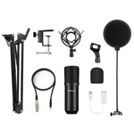 Kits microphone professionnel studio diffusion PULUZ avec bras ciseaux suspendu, support anti-choc métal et carte son USB, kits microphone (noir), kits microphone (or), kits microphone (argent)