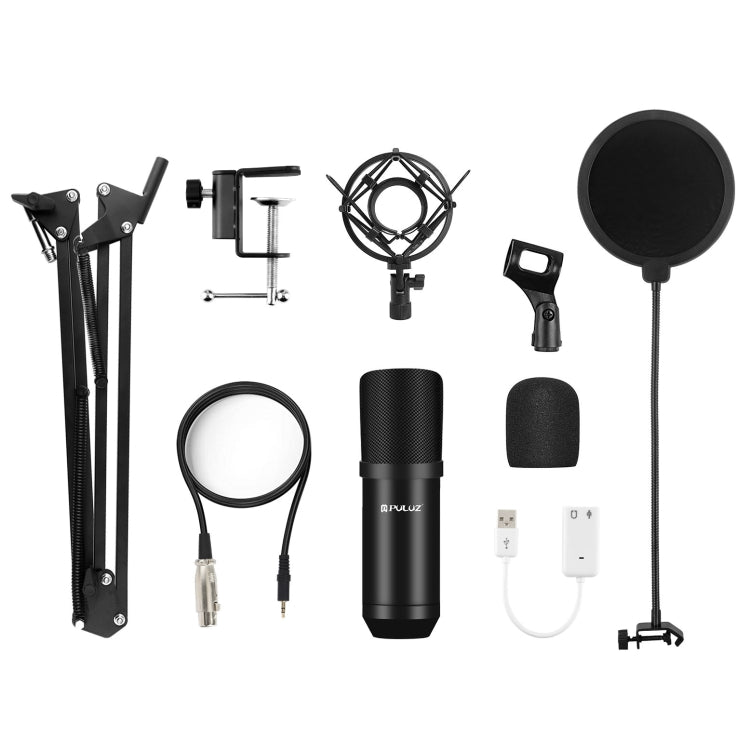 Kits microphone professionnel studio diffusion PULUZ avec bras ciseaux suspendu, support anti-choc métal et carte son USB, kits microphone (noir), kits microphone (or), kits microphone (argent)