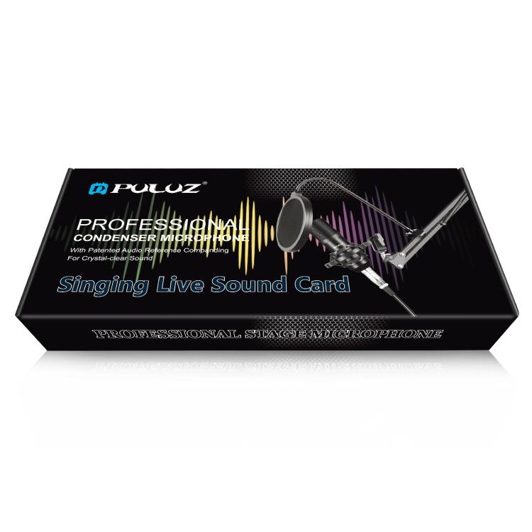 Kits microphone professionnel studio diffusion PULUZ avec bras ciseaux suspendu, support anti-choc métal et carte son USB, kits microphone (noir), kits microphone (or), kits microphone (argent)