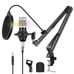 Kits microphone professionnel studio diffusion PULUZ avec bras ciseaux suspendu, support anti-choc métal et carte son USB, kits microphone (noir), kits microphone (or), kits microphone (argent)