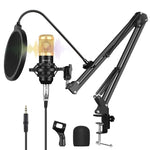 Kit microphone à condensateur PULUZ pour studio, diffusion et chant professionnel avec bras ciseaux suspendu, support anti-choc métallique et carte son USB, alimentation 48V, kit microphone 48V (or)