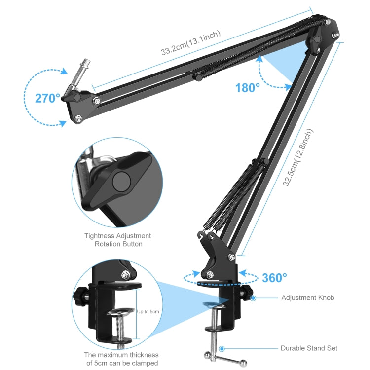 Kit microphone à condensateur PULUZ pour studio, diffusion et chant professionnel avec bras ciseaux suspendu, support anti-choc métallique et carte son USB, alimentation 48V, kit microphone 48V (or)