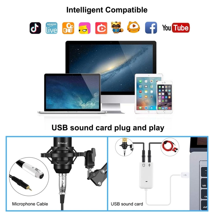 Kit microphone à condensateur PULUZ pour studio, diffusion et chant professionnel avec bras ciseaux suspendu, support anti-choc métallique et carte son USB, alimentation 48V, kit microphone 48V (or)