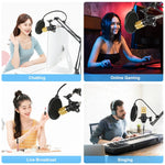 Kit microphone à condensateur PULUZ pour studio, diffusion et chant professionnel avec bras ciseaux suspendu, support anti-choc métallique et carte son USB, alimentation 48V, kit microphone 48V (or)