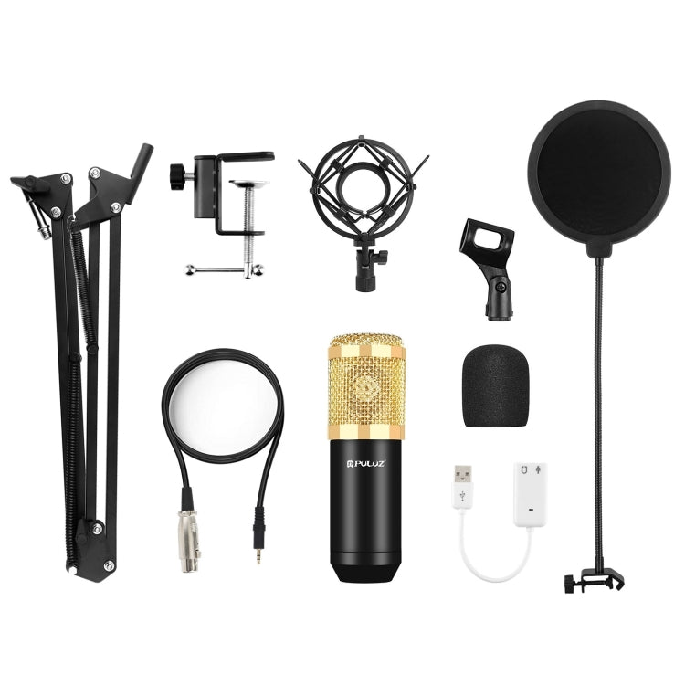 Kit microphone à condensateur PULUZ pour studio, diffusion et chant professionnel avec bras ciseaux suspendu, support anti-choc métallique et carte son USB, alimentation 48V, kit microphone 48V (or)