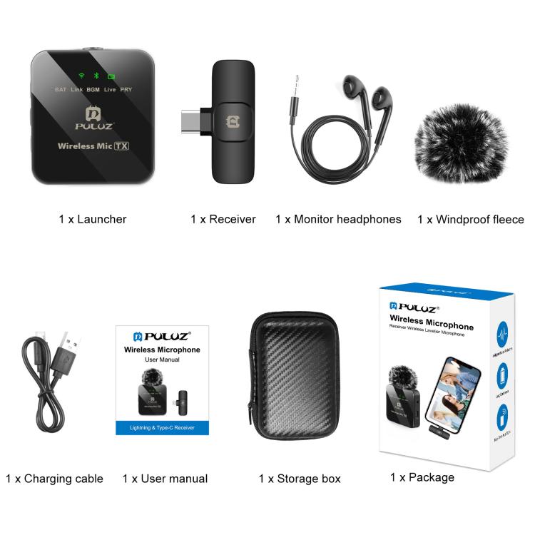 Microphone cravate sans fil PULUZ pour téléphone Type-C, récepteur Type-C, Type-C 1 TX + 1 RX