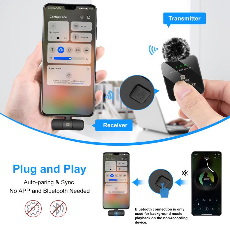 Microphone cravate sans fil PULUZ pour téléphone Type-C, récepteur Type-C, Type-C 1 TX + 1 RX