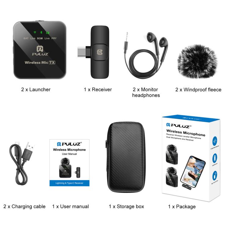 Microphone cravate sans fil PULUZ pour téléphone Type-C, récepteur Type-C et microphones doubles, Type-C 2 TX + 1 RX