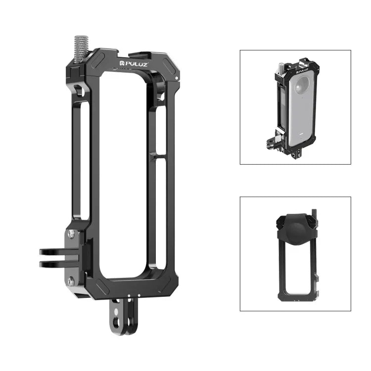Cage de protection métallique PULUZ pour Insta360 X3, avec base extensible pour griffe flash et adaptateur pour trépied. Cage métallique en stock aux États-Unis. Compatible avec Insta360 X3.