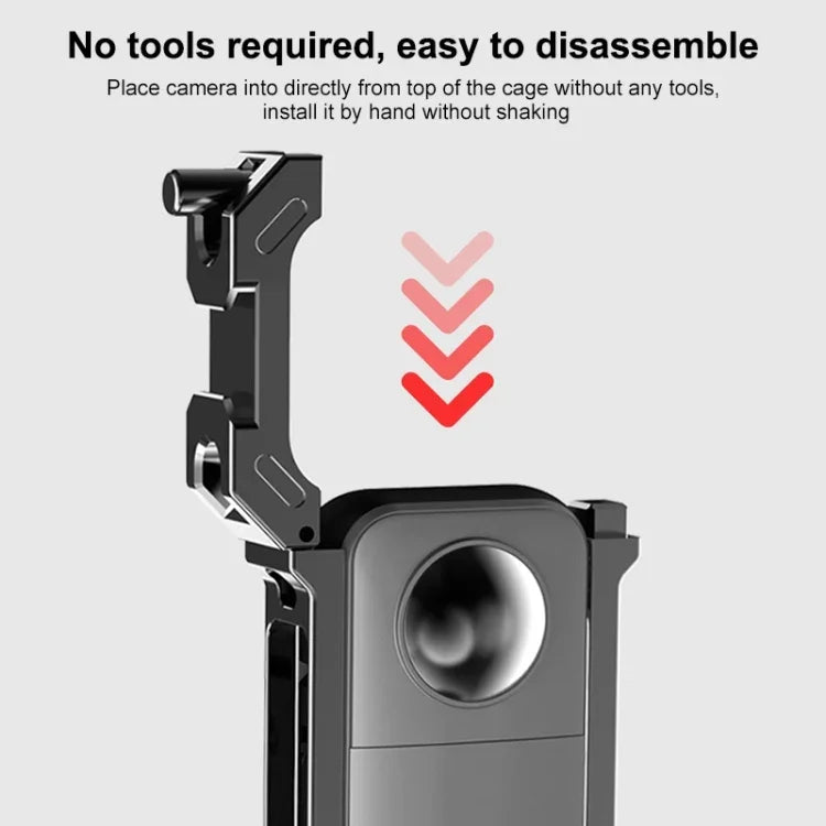 Cage de protection métallique PULUZ pour Insta360 X3, avec base extensible pour griffe flash et adaptateur pour trépied. Cage métallique en stock aux États-Unis. Compatible avec Insta360 X3.