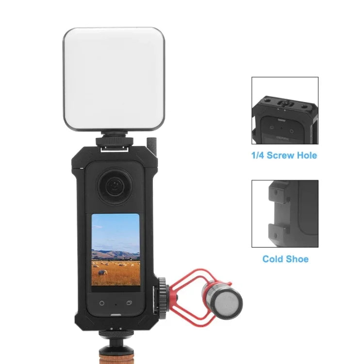 Cage de protection métallique PULUZ pour Insta360 X3, avec base extensible pour griffe flash et adaptateur pour trépied. Cage métallique en stock aux États-Unis. Compatible avec Insta360 X3.