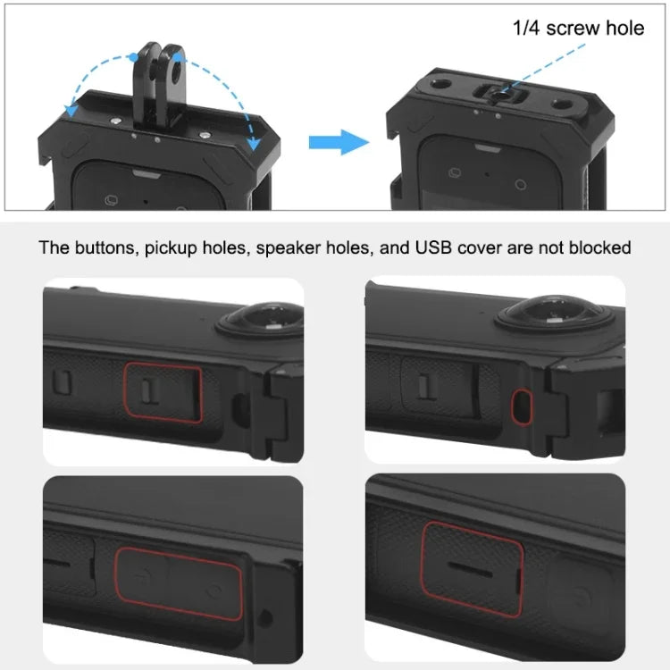 Cage de protection métallique PULUZ pour Insta360 X3, avec base extensible pour griffe flash et adaptateur pour trépied. Cage métallique en stock aux États-Unis. Compatible avec Insta360 X3.